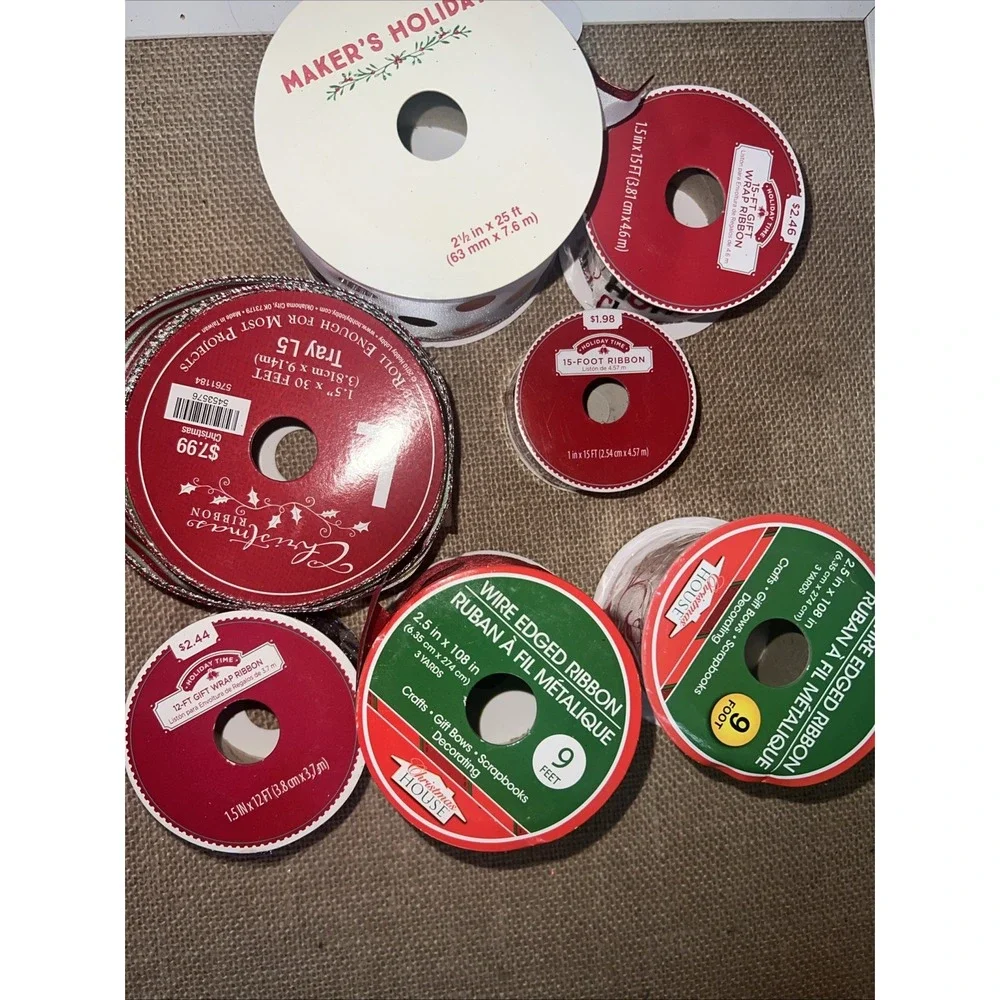 Lot 7 Christmas Ribbon Rolls Wire Edged Holiday Time Maker's Holiday Multicolor